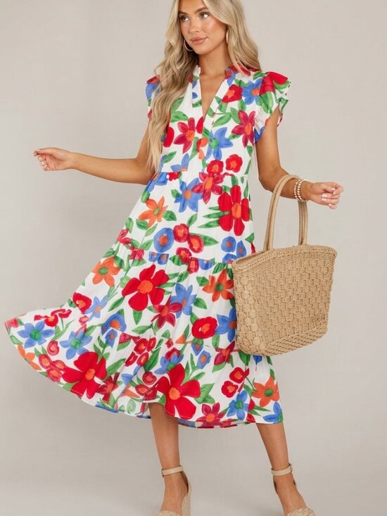 entro Dresses & Skirts - entro White Multi Floral Ruffle Tiered Midi Dress Size Medium 39988